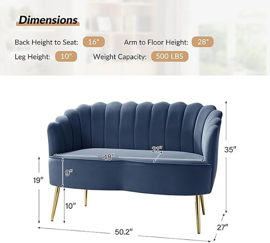 Velvet Upholstered Loveseat Sofa with Gold Metal Legs, Modern Comfy Small Love Seat with Flower Shaped Back, 2-Seater Sofa Accent Couch for Living Bedroom Leisure Areas, Slate Blue