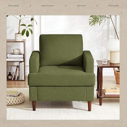 Weture Mid-Century Accent Chair,Modern Linen Fabric Armchair for Living Room,Comfy Upholstered Reading Accent Chairs for Bedroom,Single Sofa Chair with Wood Legs (Green, 2 Pack)