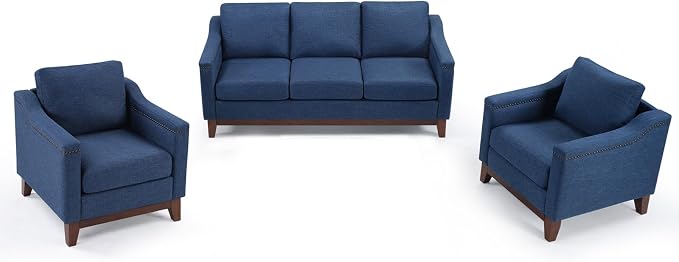 HAOMARKETS Modern 3 Piece Sofa Set with Rivets, Included Fabric Accent Chair Set of 2, and Upholstered 3-Seater Couches with Solid Wood Legs, Living Room Furniture Set,Blue