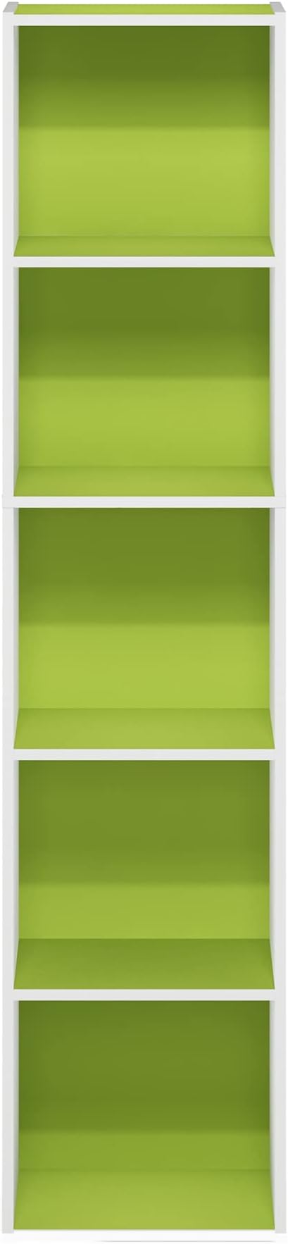 Furinno PASIR Book Shelf, 5-Tier Modern Bookshelf, Open Shelves Bookcase 9 x 12 x 52, Easy Assembly, for Living Room, Bedroom, Home Office, Green/White