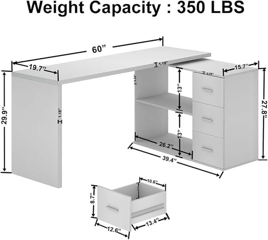 HSH White L Shaped Desk with Drawers Shelves, Corner Home Office Desk L Shape with Storage Cabinet, Large Wood Computer Desk for PC Executive Work Writing Study, Modern Living Room Bedroom Table,60 In