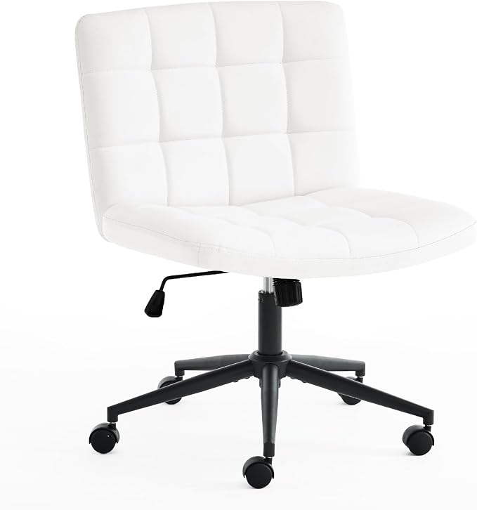 Furnimart Swivel Criss Cross Legged Chair with Wheels for Home Office, Wide Armless Desk Chair Height Adjustable Comfy Seat for Desk,Vanity, Bedroom, PU Ivory White