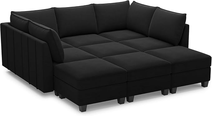 Belffin Modular Sectional Sofa Bed with Storage, 9-Seater Velvet Reversible Sleeper Couch for Living Room, Black