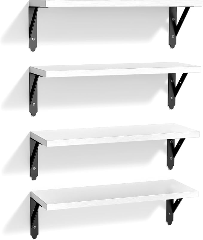 ROMGUAR CRAFT Wood Floating Shelves Set of 4, Rustic Storage Decor Wall Shelves, Wall Mounted Shelf for Living Room, Bedroom 17" x 6", White