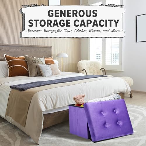 LINMAGCO Ottoman with Storage Small Foot Rest Stool Under Desk Stool Short Folding Footrest for Living Room Bedroom Home Office Dorm 17x13x13in(Purple)
