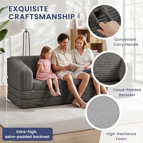 70” Folding Sofa Bed, 3-in-1 Convertible Triple Floor Couch Bed with Corduroy Extra-Thick Backrest & Carry Handle, Boneless Chair Bed Foldable Sleeper Couch for Family Room, Home, Overnight Guest