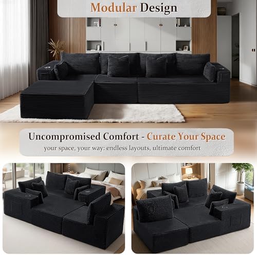 138" Cloud Sectional Couch, Comfort L Shaped Boneless Couch for Living Room, Extra Deep Seats No Assembly, Minimalist Modular Sofa, Corduroy (Black, 3 Seater+Right Facing Chaise)