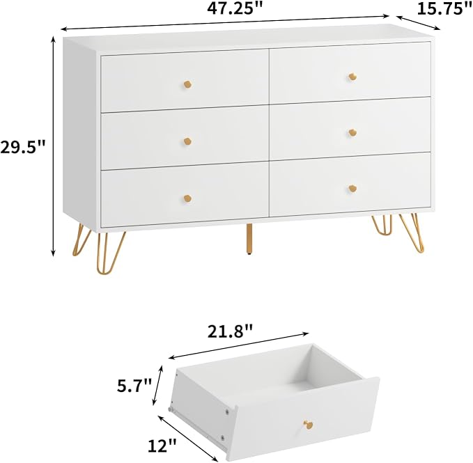 CARPETNAL White Dresser for Bedroom, 6 Drawer Dresser with Wide Drawers and Gold Metal Handles, Wood Dressers & Chest of Hallway, Entryway.