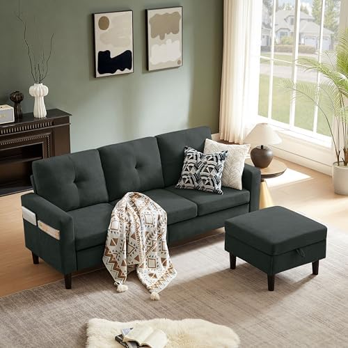 Pingliang 80-Inch Convertible Sectional Sofa with Ottoman, Black
