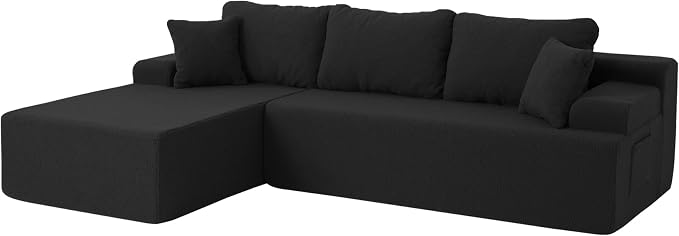 Hobestluk Modular Sectional Sofa Couches L-Shape Couch 3 Seat Modular Sofa Memory Foam Sectional Couches for Living Room, Cloud Couch with Oversized Chaise (Black Smooth, 96", Left Hand Facing)