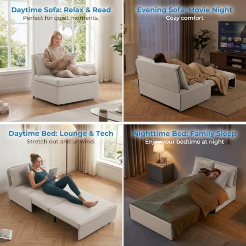 Mjkone 43" W Twin Size Pull Out Sofa Bed, 2 in 1 Convertible Linen Sleeper Chair Sofa Couch Bed with Pillows, Sofa Chair Sleeper Living Room Furniture for Small Place Apartment Home Office, Beige