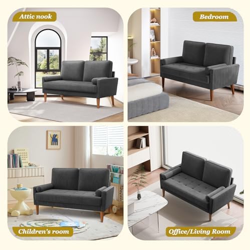 48" Loveseat Sofa, Small Corduroy Couch with Solid Wood Legs, Grey