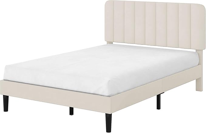 VECELO Full Size Bed Frame with Upholstered Headboard, Velvet Platform Bedframe Mattress Foundation, Strong Wood Slat Support, No Box Spring Needed,Bone Beige