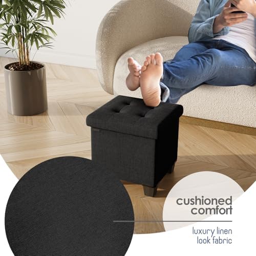 Storage Ottoman Cube with Small Bin, 15-in Square Ottoman with Storage for Living Room and Bedroom, Small Ottomans Foot Rest, Fabric Foot Stools Ottomans Max 330lbs, Black