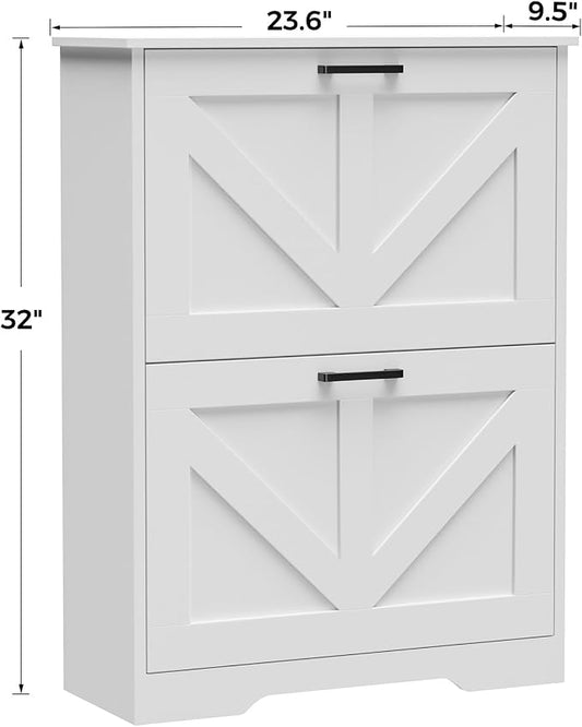 Homleke Farmhouse Shoe Cabinet for Entryway with 2 Barn-Style Flip Drawers, Narrow Shoe Storage Organizer with Top Display Shelf, Adjustable Shelves, Shoe Rack for Hallway, Closet- (White, 24" Wide)