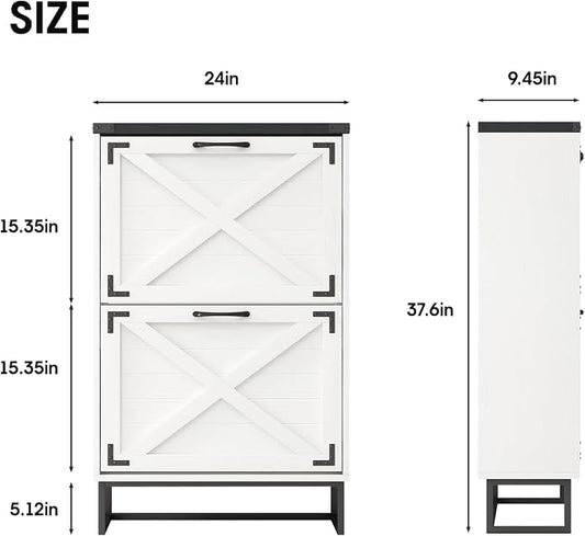 Maupvit 24" W Farmhouse Shoe Cabinet Storage for Entryway, Freestanding Organizer with 2 Flip Drawers, Narrow Shoe Rack Cabinet with Metal Corner Decoration, White