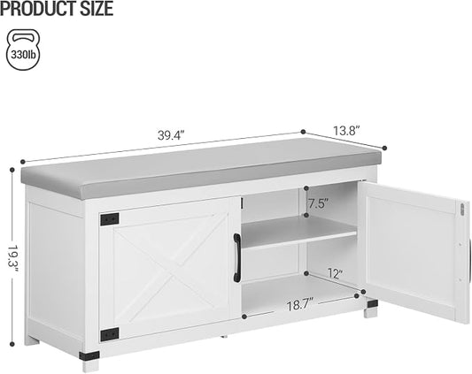 Hzuaneri Shoe Storage Bench, 2 Tier Shoe Bench with Padded Seat Cushion & 2 Barn Doors, Entryway Bench with Adjustable Shelf, Farmhouse Shoe Cabinet for Living Room, Bedroom, White SB26603GY