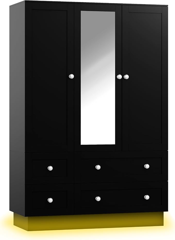 VOWNER Wardrobe Closet with 3 Doors Bedroom Armoire with Mirror & 4 Drawers | Large Capacity Storage Closet with LED Light and Hanging Rod for Bedroom, Black 47" L