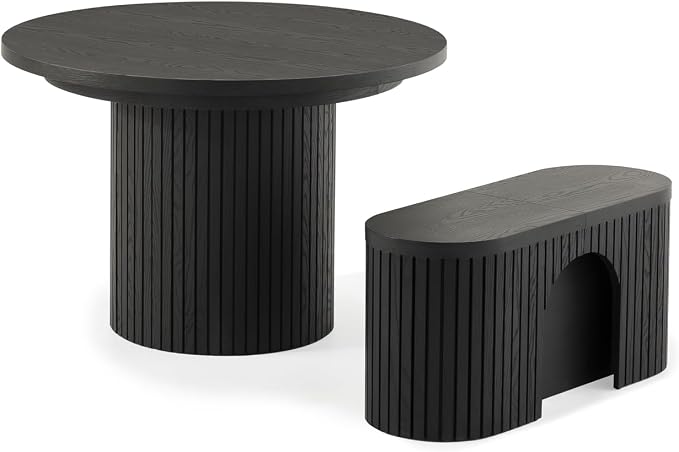Transformer Table - Solid Wood Extendable Round Dining Table Set with Bench, Seats 4-10, Extendable Round Dining Set, Seat with Hidden Panel Storage, Black (Table + Bench)