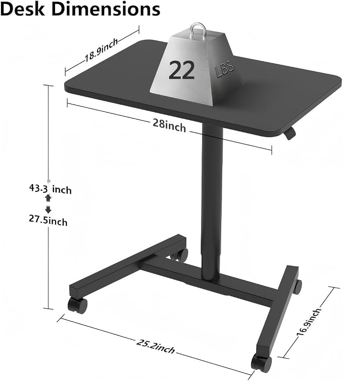 28-Inch Mobile Standing Desk, Adjustable Computer Desk, Portable Standing Desk with Lockable Wheels, Rolling Table for Home Office Classroom Hospital (Jet - Black)