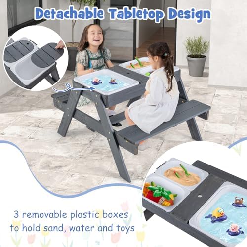 HONEY JOY Kids Picnic Table, 4 in 1 Cedar Wooden Sand & Water Table w/ 3 Removable Box & Umbrella, Kids Picnic Tables for Outdoors Backyard Garden, Toddler Patio Furniture Set for Boys Girls(Gray)