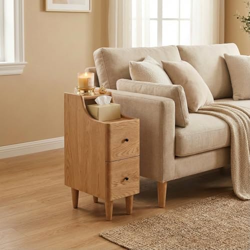 Narrow Nightstand, Solid Wood Nightstands with 2 Drawers, Natural Wood Nightstand with Open Shelf, Slim Bedside Table for Small Spaces, Wooden Side Table for Bedroom, 7.9" W