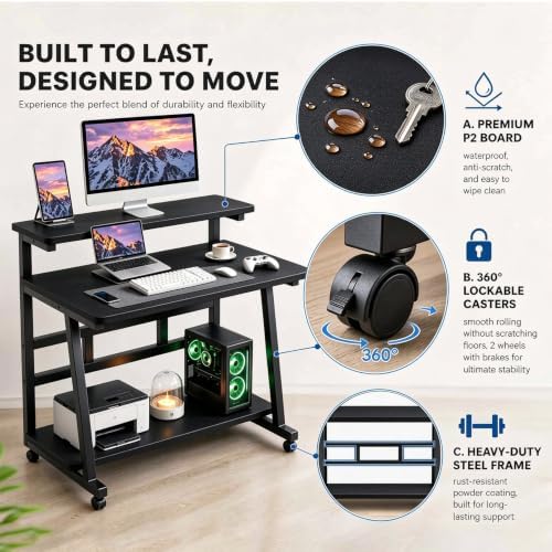 Rolling Computer Desk, 39.4 Inch Small Desks for Little Space, Portable Small Computer Desk with Monitor Stand & 3-Tier Storage, Portable Desk on Wheels for Writing.