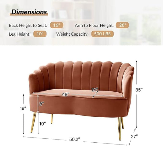 Velvet Upholstered Loveseat Sofa with Gold Metal Legs, Modern Comfy Small Love Seat with Flower Shaped Back, 2-Seater Sofa Accent Couch for Living Bedroom Leisure Areas, Coral