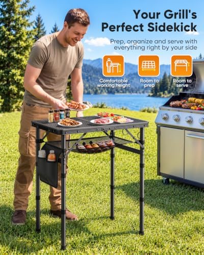 Raynesys Portable Folding Grill Table for Outside, 3 Adjustable Heights