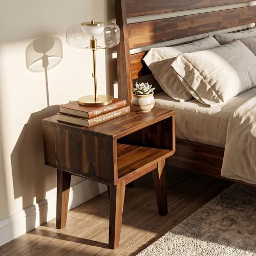 Acacia Serena Nightstand Solid Wood Nightstand with Open Storage Shelf, Wood Bedside Table, Night Stands for Bedroom - Chocolate