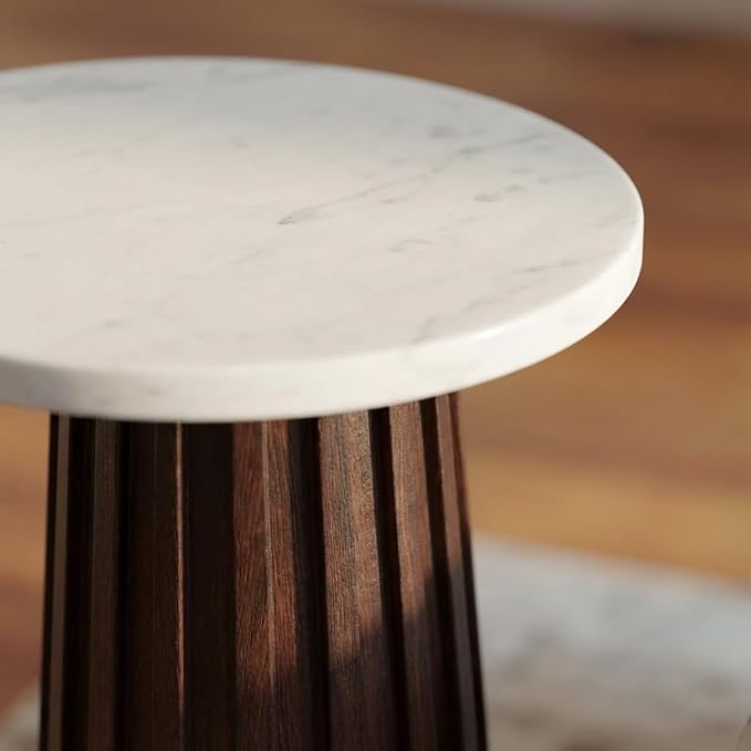 Relso Ma'gro Drink Table – Solid Mango Wood Fluted Base with Real White Marble Top | Farmhouse Accent Side Table for Boho Decor, Bedside, Entryway, Plant Stand, Night Stand & Small Living Spaces