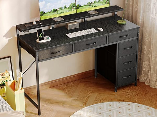 Huuger Gaming Desk with 6 Drawers, Computer Desk with LED Lights Power Outlets and Type-C, 47 Inch Office Desk with Storage, Monitor Stand, Writing Desk Work Desk Home Office, Bedroom, Black