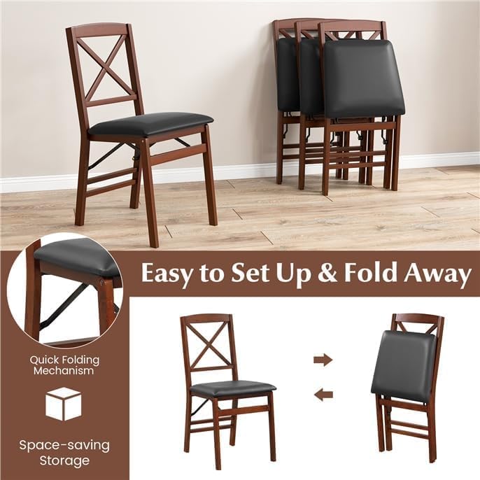 Folding Dining Chairs, Foldable Chairs with Padded Seat for Kitchen/Dining/Living Room, Rubber Wood, X Back, 4 Pack