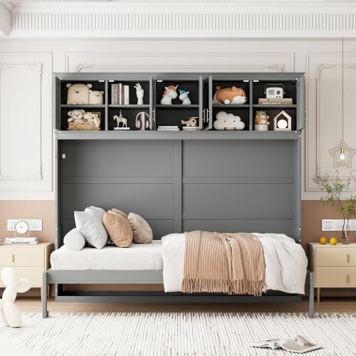 Queen Murphy Bed Cabinet, Wall Bed with Storage, Folding Cabinet Bed with Dual Piston Metal Mechanism, Murphy Cabinet Space Saving Bed for Guest Room, Home Office, Apartment (Gray -z1)