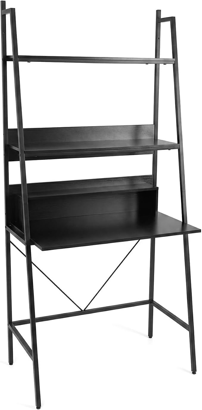 Tangkula 3-Tier Ladder Computer Desk, 71 Inch Modern Writing Desk with Storage Shelves, PC Laptop Workstation, Ladder Bookcase Stand Shelf with Metal Frame, Study Shelf Desk for Home Office (Black)