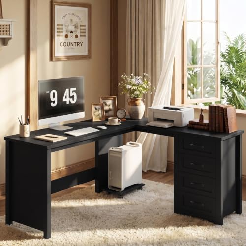 Vabches 61”Farmhouse L Shaped Executive Desk with Drawers, Pure Black