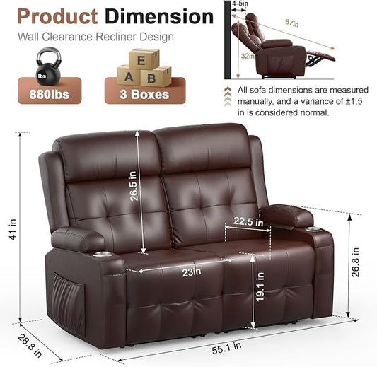 Loveseat Recliner, Massage Reclining Loveseat with USB Port, Storage, Cup Holders, Manual Reclining Sofa Without Console, Wall Hugger Space-Saving Recliner Couch for Living Room, RV, Apartment