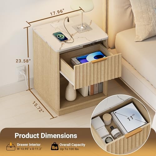 Fluted Nightstands Set of 2 with Charging Station, 18" W Night Stand with Faux Marble Top and Curved Corners, FSC-Certified Wood, Modern End Table, Bedside Table for Bedroom, Natural Oak