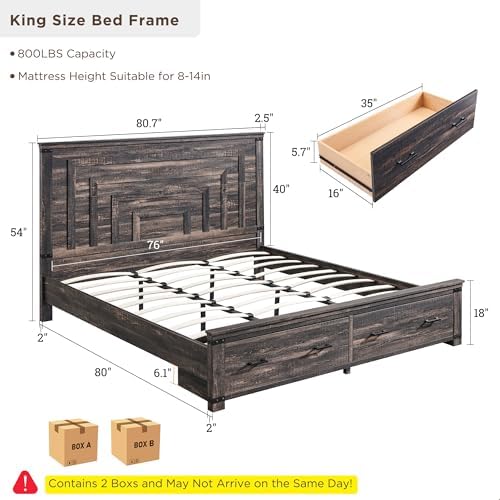 T4TREAM 54" Tall Farmhouse King Size Bed Frame, Dark Rustic Oak