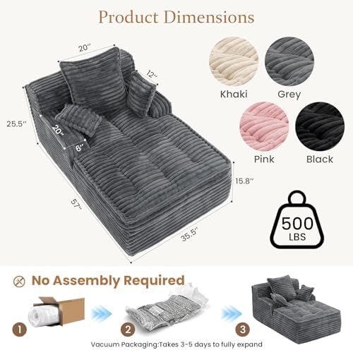 Boneless Chaise Lounge Couch Indoor, Small Corduroy Upholstered Sleeper Sofa Bed Reading Chairs with 3 Pillows, Fluffy Comfy Cloud Sofas Couches, Compression Boneless Sofa for Small Corner