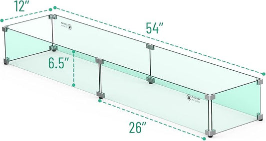 Skyflame Fire Pit Table Glass Wind Guard - 54" x 12", Thick Linear Heat-Resistant Tempered Glass Flame Shields with Hard Aluminum Corner Brackets and Rubber Feet for Propane, Gas, Outdoor