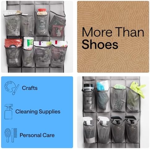 GORILLA GRIP Over the Door Shoe Organizer, 24 Large Pockets, Gray