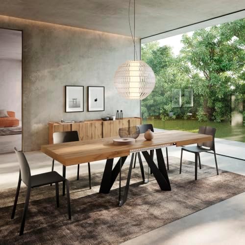 Mobili Fiver, Romina Extendable Table 55.1(86.6) x35.4 in, Rustic Oak with Black Iron Legs, Made in Italy