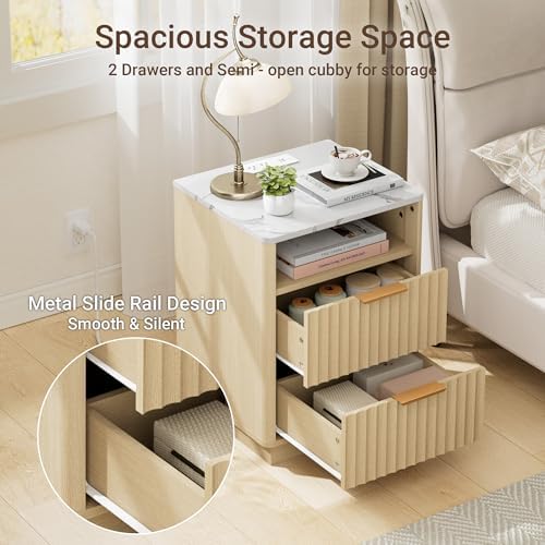 18"W Fluted Nightstand with Charging Station and Faux Marble Top