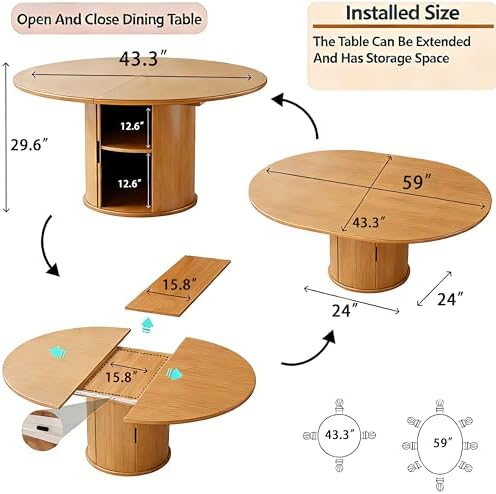 Extendable Round/Oval Dining Table Seats 2-4-6, 59" Modern Farmhouse Design with 2-Tier Storage & Fluted Slide Door, Dining Room Kitchen Furniture (Oak, 59 inches)