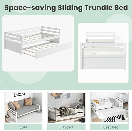 GIANTEX Twin Daybed with Trundle White, Wood Trundle Bed with Wood Slat Support, Mid Century Day Bed Frame for Living Room Guest Room, No Box Spring Needed