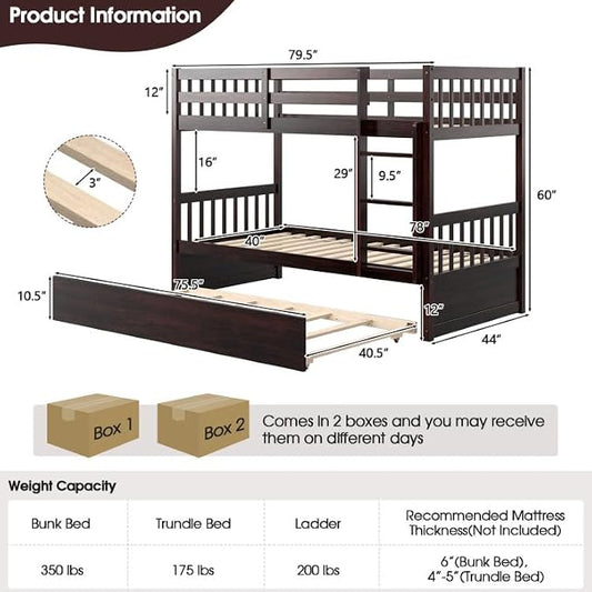 NAFORT Twin Over Full Bunk Bed with Trundle, Solid Wood Bunk Bed Frame, Ladder & Guardrails, Converts to 2 Platform Beds for Kids/Teens/Guests (Espresso, Twin Over Twin with Trundle)