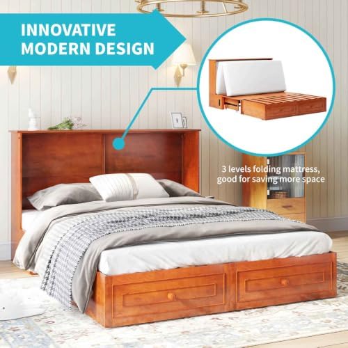 CECER Queen Murphy Cabinet Bed with Mattress, Cherry