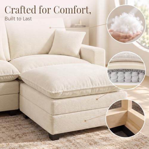 Oversized Cloud Couch Sectional, Deep Seat Modular Sofa with Ottoman, Beige