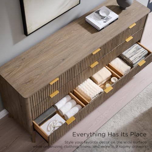 T4TREAM 63" Wide Fluted 9 Drawer Dresser for Bedroom, Grey Alder